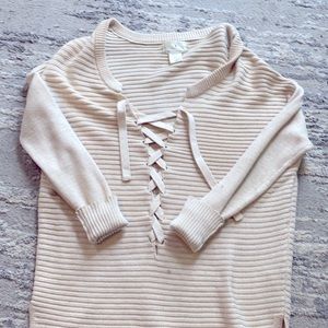 Cream, Lace Up Sweater